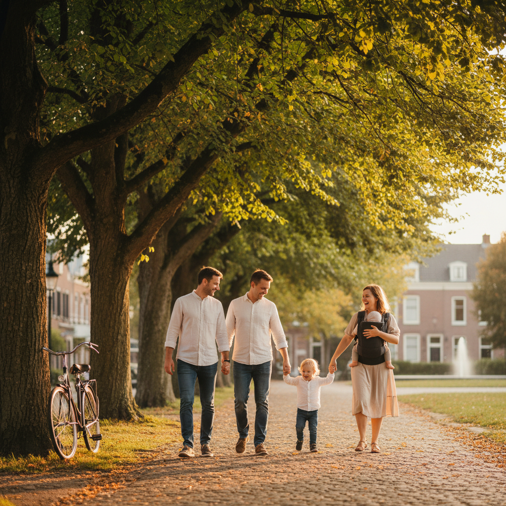 Young family walking on tree-lined sidewalk in a master-planned community at golden hour