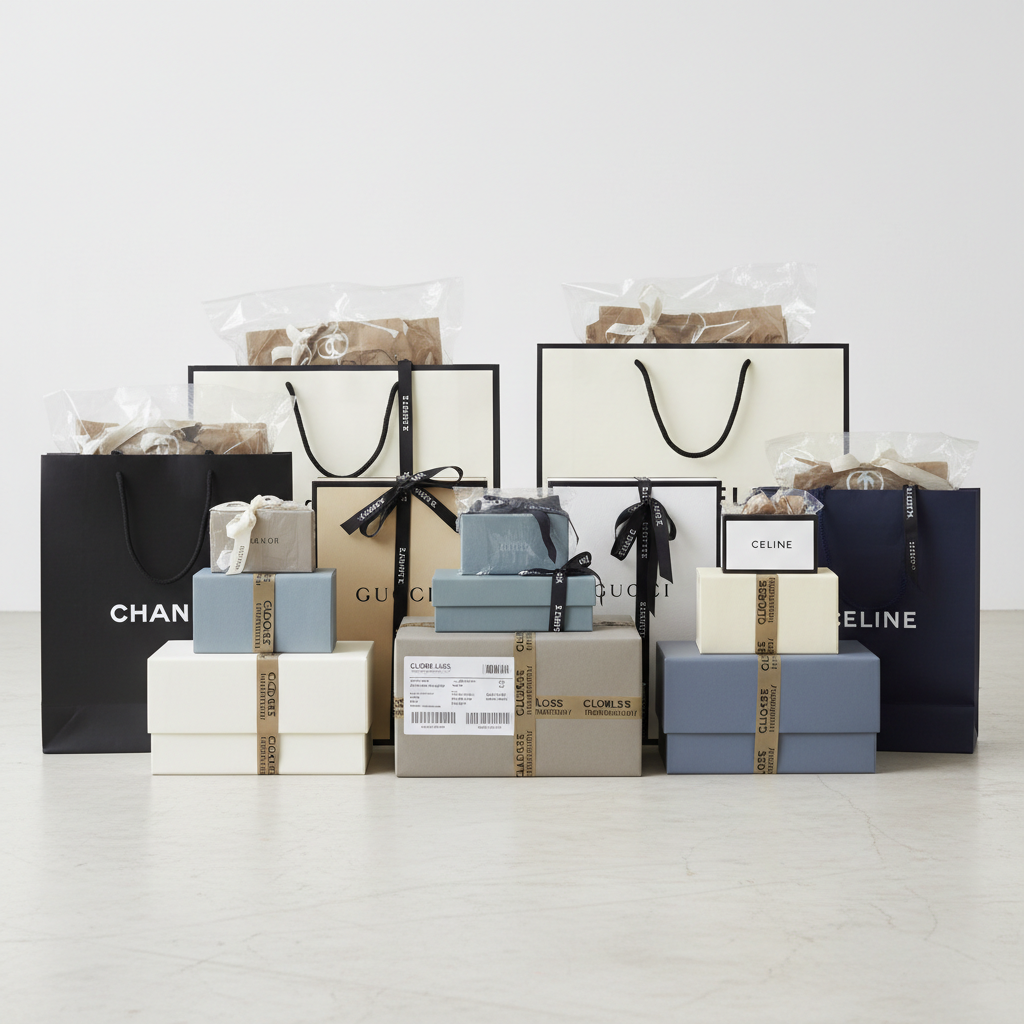 Shopping bags and boxes ready for international personal shopping delivery service