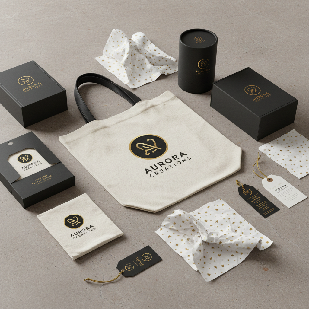 Branded corporate promotional items and bags arranged on a bright white surface