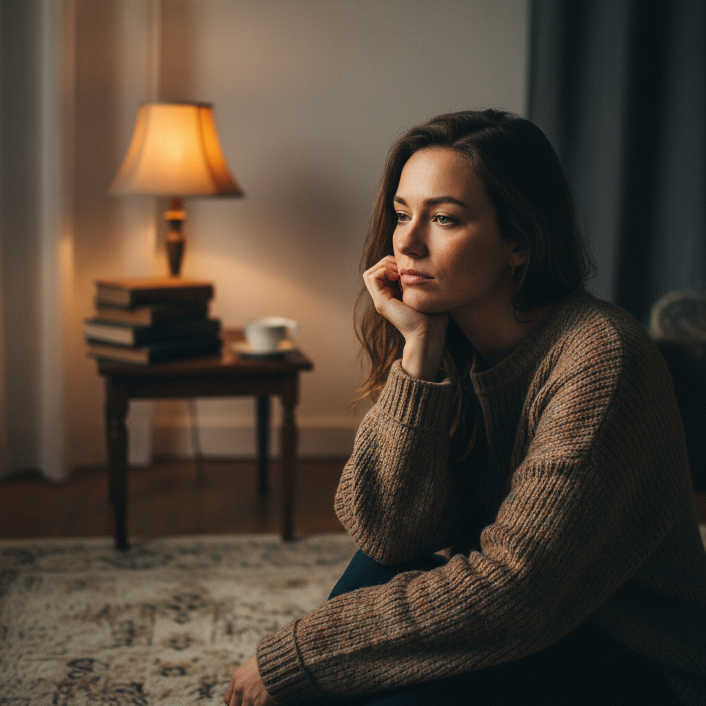 Woman sitting alone in dim room with warm light, contemplative mood