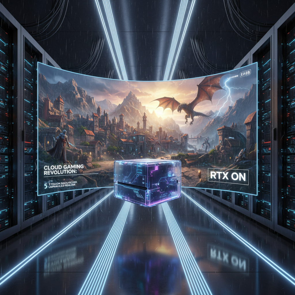 Cloud gaming server room with glowing screens and high-tech server infrastructure