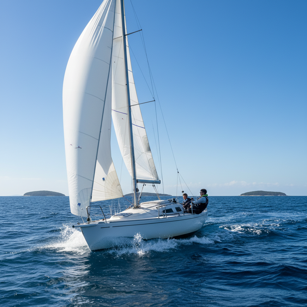 Sailboat sail fully trimmed against bright blue sky, student visible in cockpit