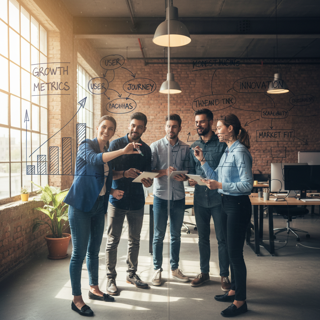 Erken aşama startup ekibi beyaz tahta üzerinde iş modeli çiziyor