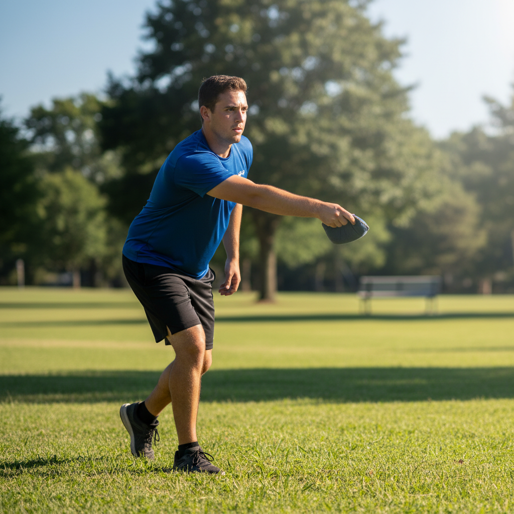 Athlete in training position demonstrating proper cornhole throwing stance and form