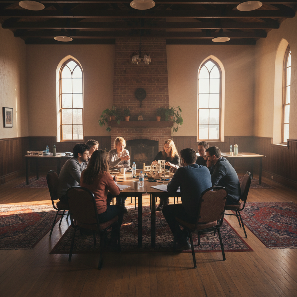 Group skills training in dimly lit community hall, warm shadows, low ambient light