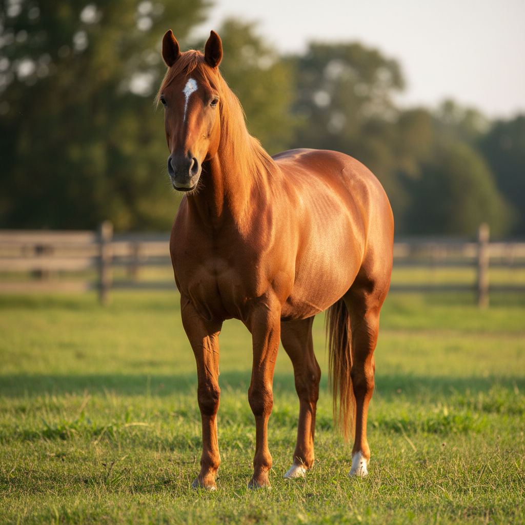 Horse standing calmly in paddock at golden hour, healthy posture, green Missouri pasture