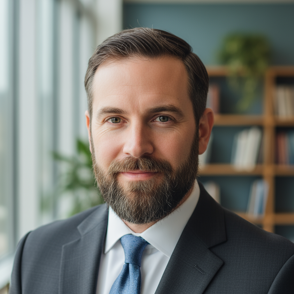 Dr. Joe Huntsman, experienced male neurologist in his late 50s wearing a white medical coat, confident professional expression, modern clinic office background
