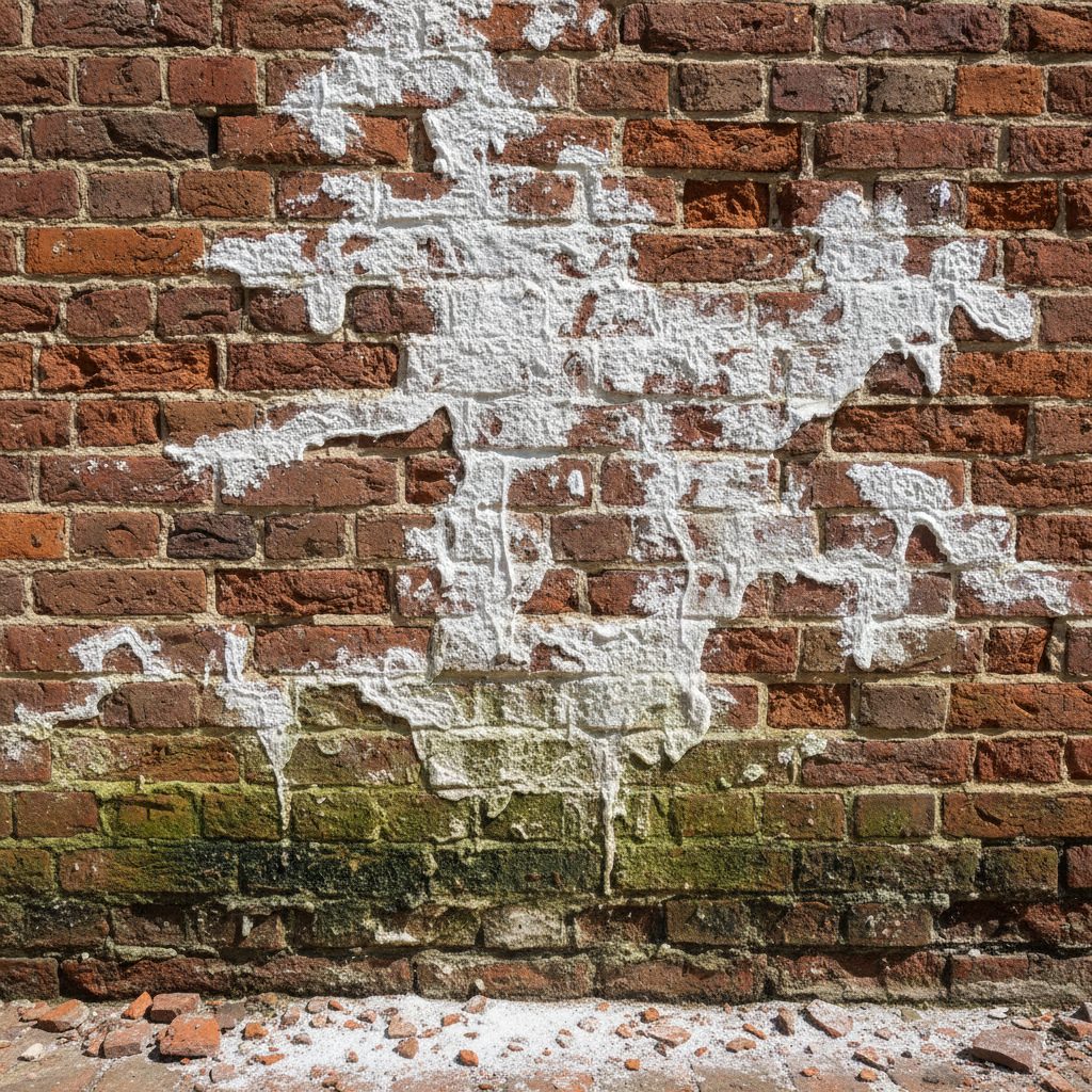 Brick wall with white chalky efflorescence deposits streaking across the face of the masonry