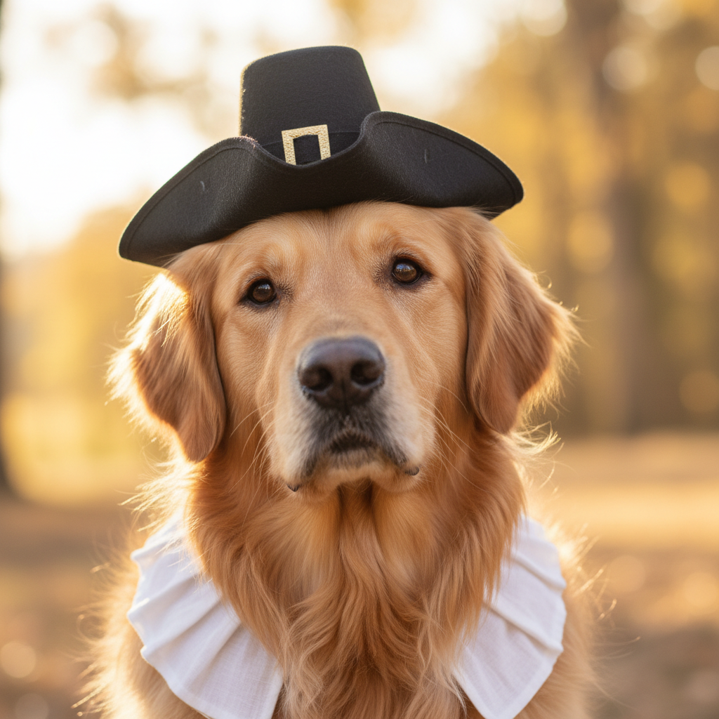 Golden retriever wearing a pilgrim collar and tiny hat