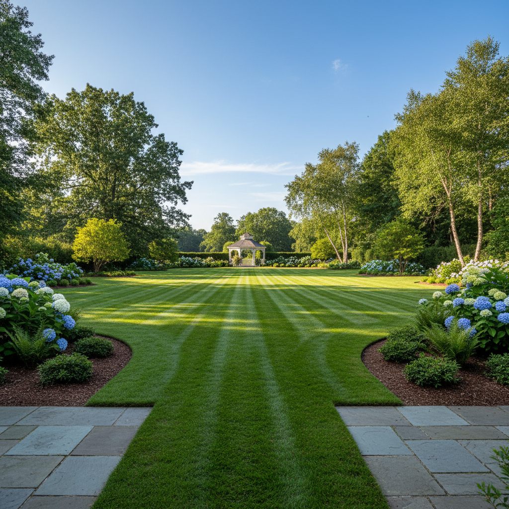 Professionally manicured green lawn with clean edging and lush grass