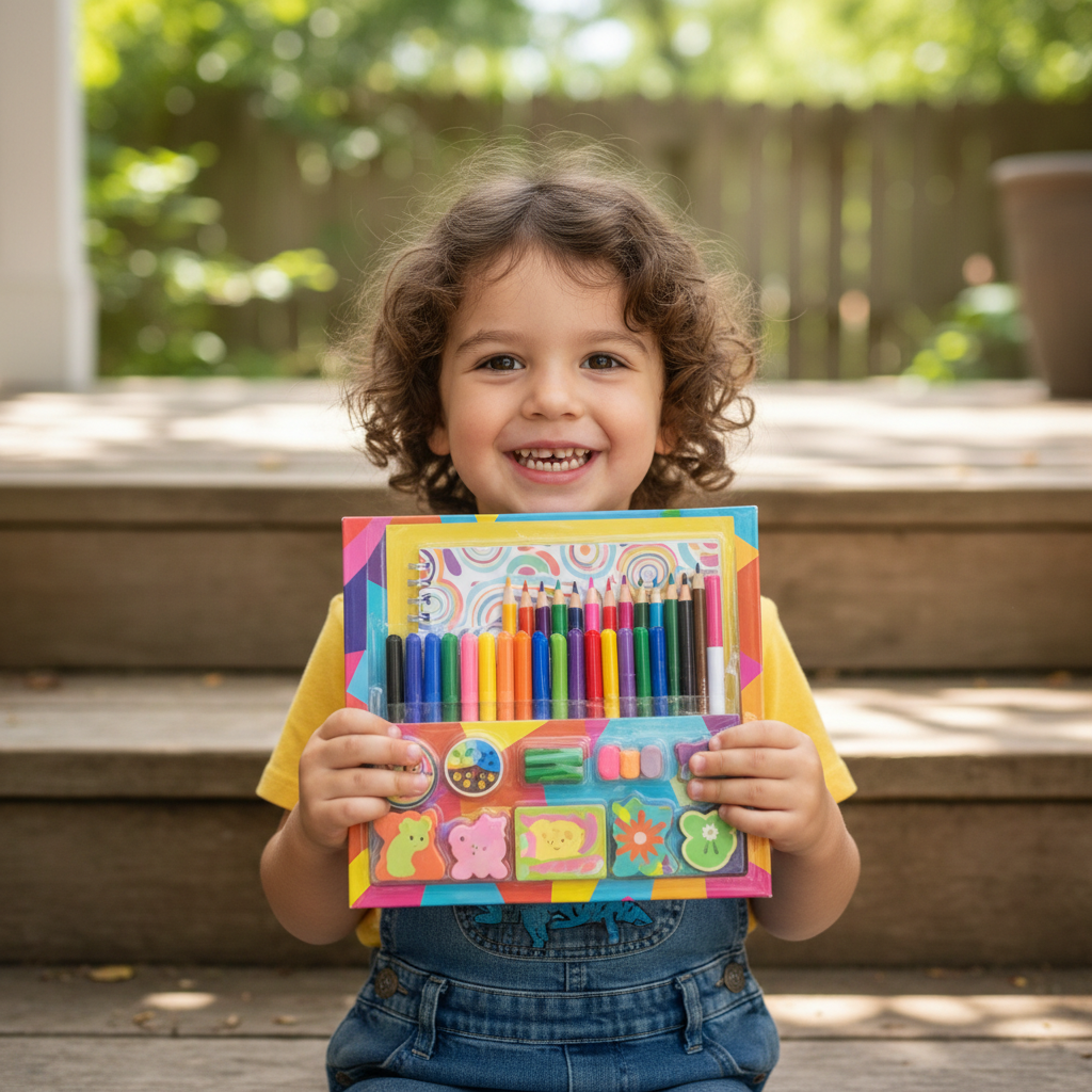 Child holding colorful stationery pack on porch steps, excited smile