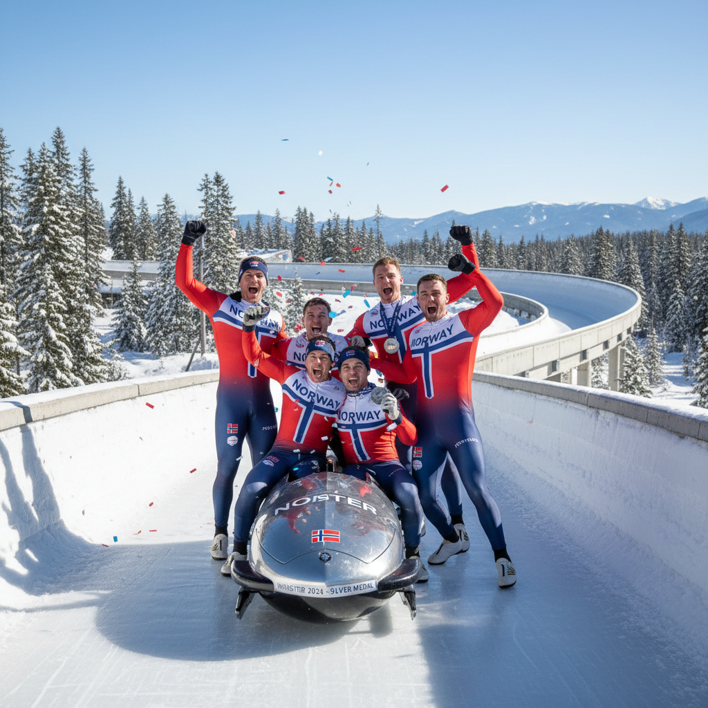 Norwegian four-man bobsled crew on Whistler track, silver medal finish at World Cup Race 6