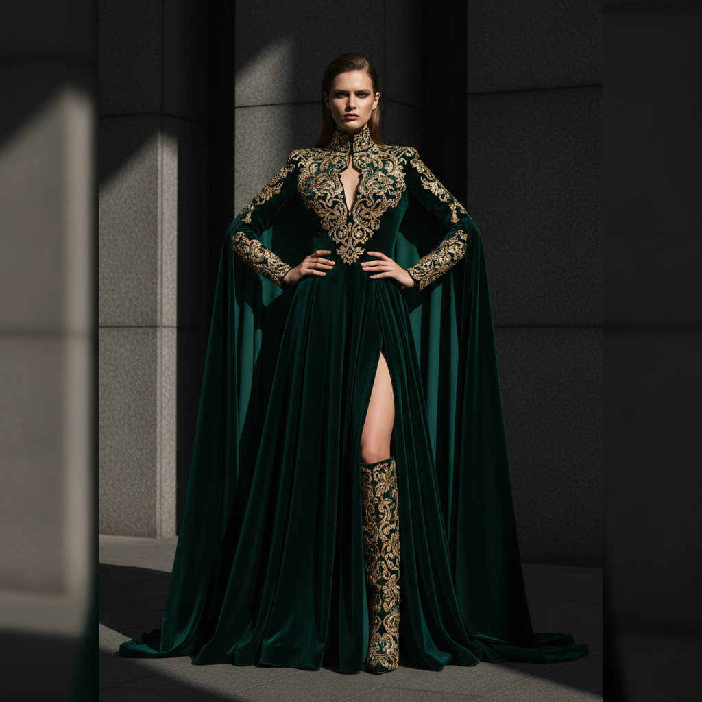 Model in deep emerald evening gown with dramatic silhouette, high fashion editorial