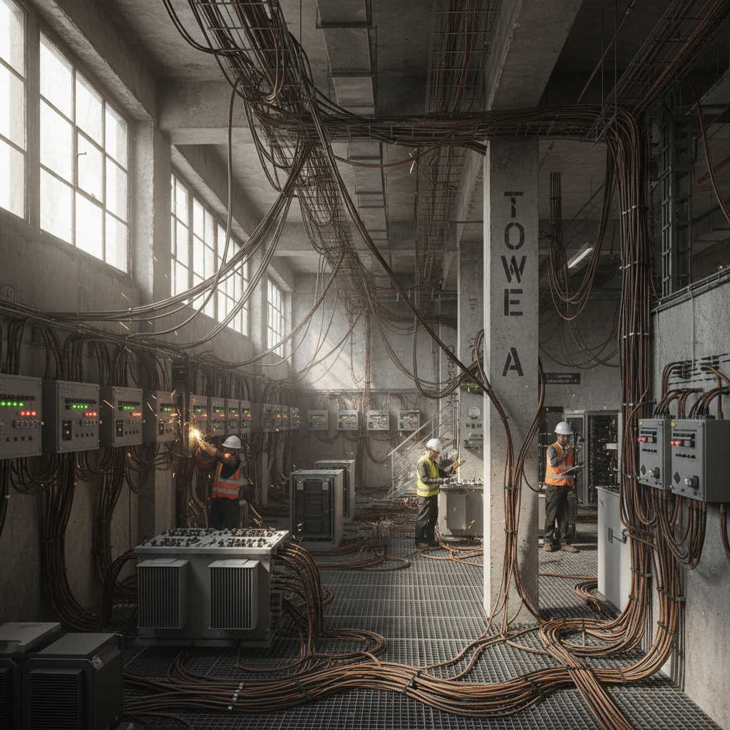 Industrial safety workers wearing hard hats and safety vests in a well-lit warehouse, bright airy environment with white walls