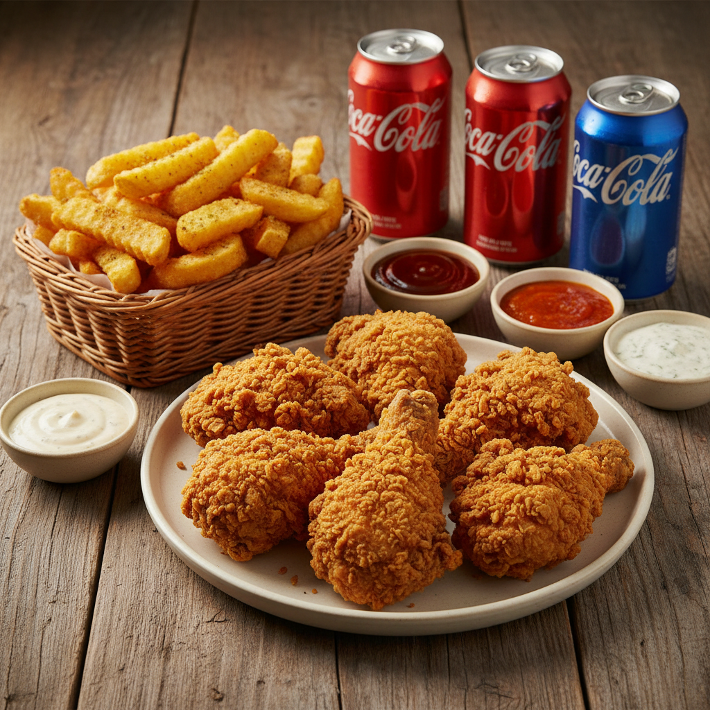 Large family chicken bucket overflowing with golden crispy pieces, chips and dipping sauces on a table