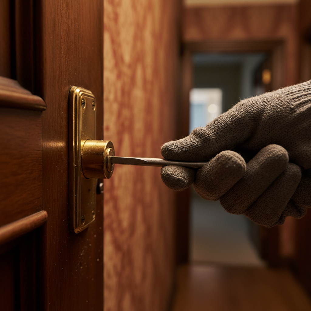 Gloved locksmith hand inserting a tension wrench into a brass mortise lock under warm tungsten corridor light