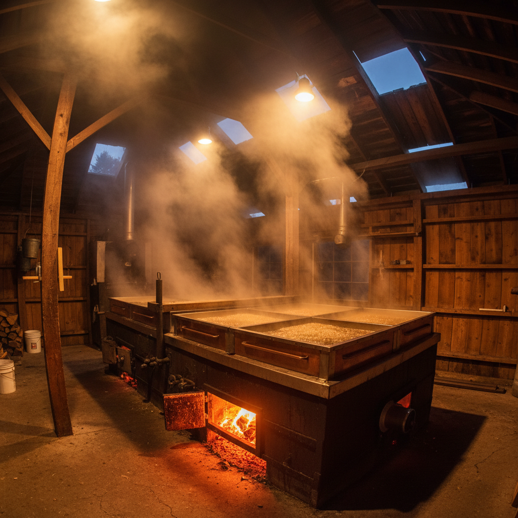 Wide interior shot of a sugarhouse evaporator in full boil, steam rising to roof vents, amber light from fire below
