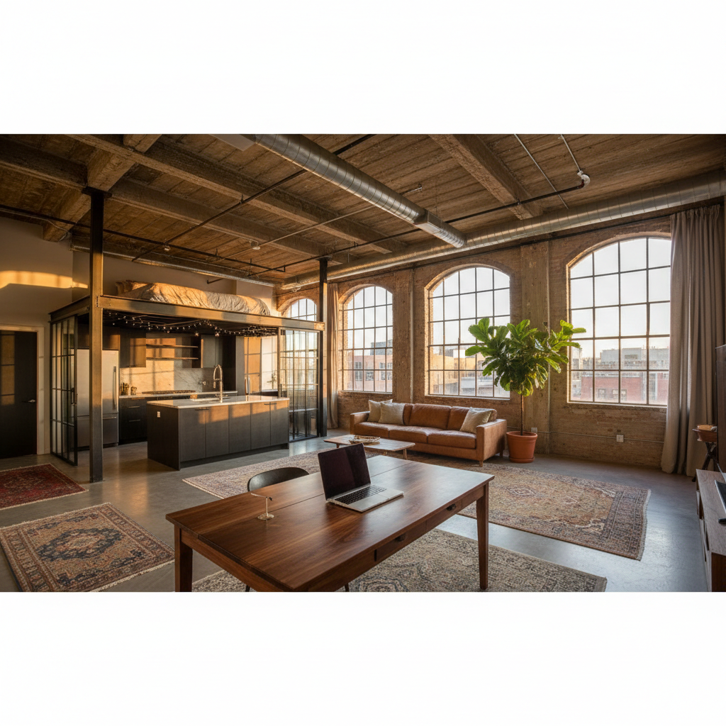 Industrial live/work loft with exposed ductwork, walnut desk with open laptop, steel-framed doorway revealing kitchen island and loft bed platform at golden hour