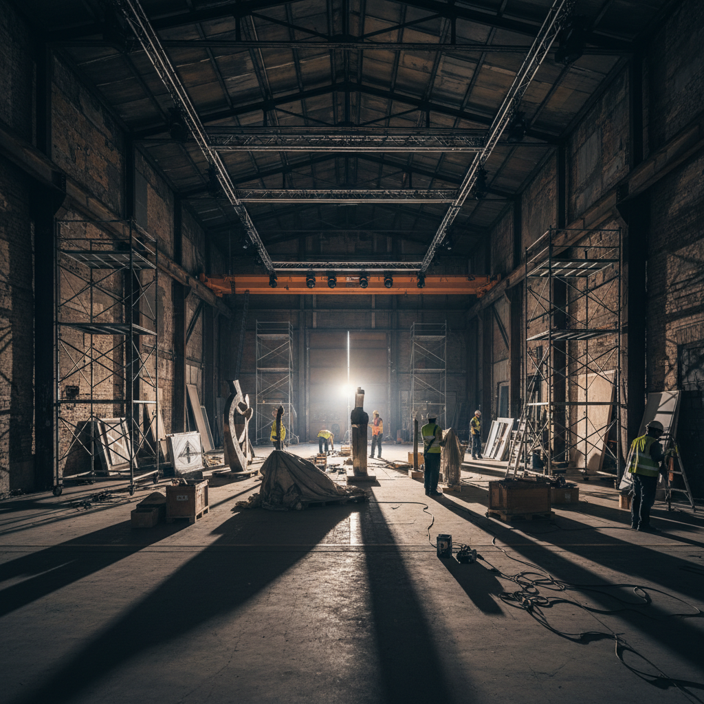 Empty warehouse being transformed for art exhibition with dramatic lighting
