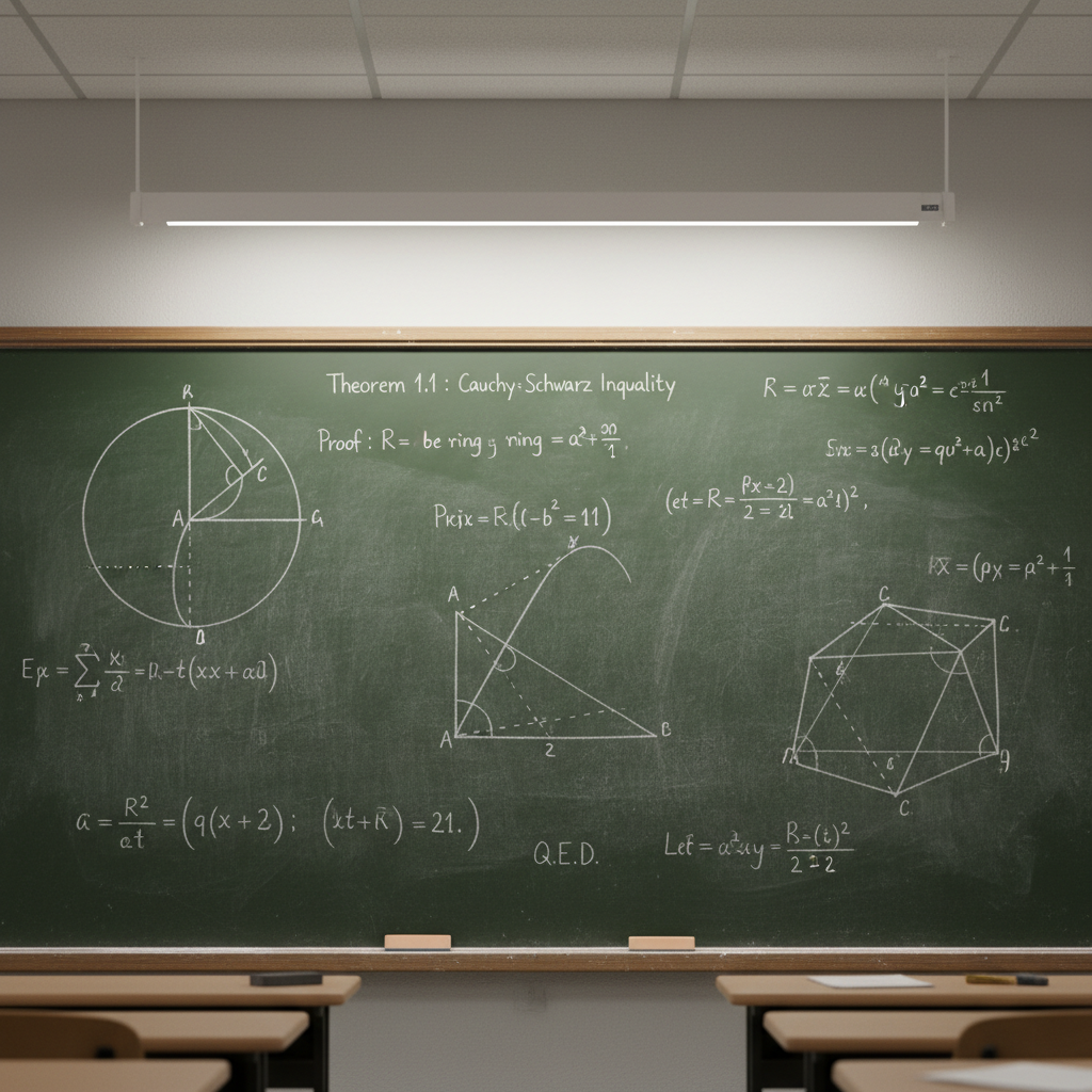 Mathematical proof written on a chalkboard with geometric diagrams