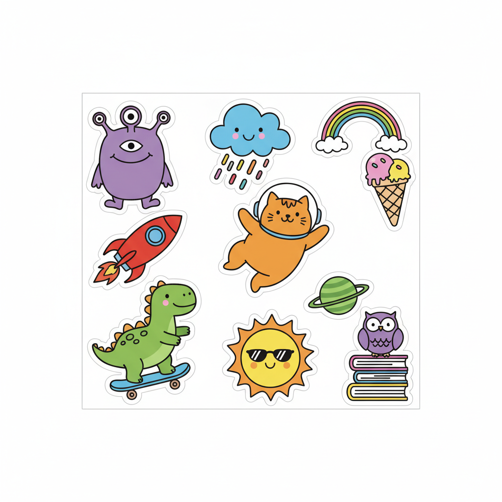 Colorful sticker sheets with various designs laid flat