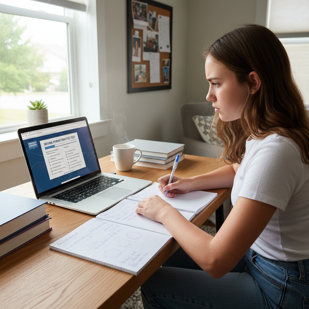 Teen studying at a desk with a laptop open to a driving permit practice test