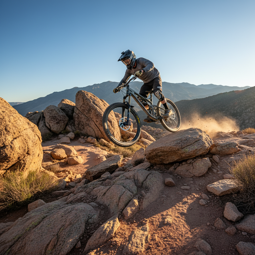 Rider in full protective gear launching off a rocky trail feature