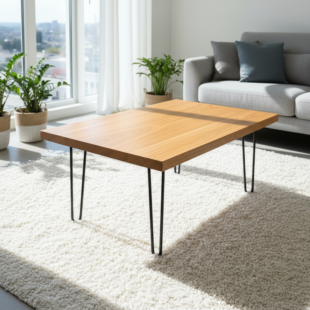 Minimalist round wooden coffee table on a light rug in a modern living room
