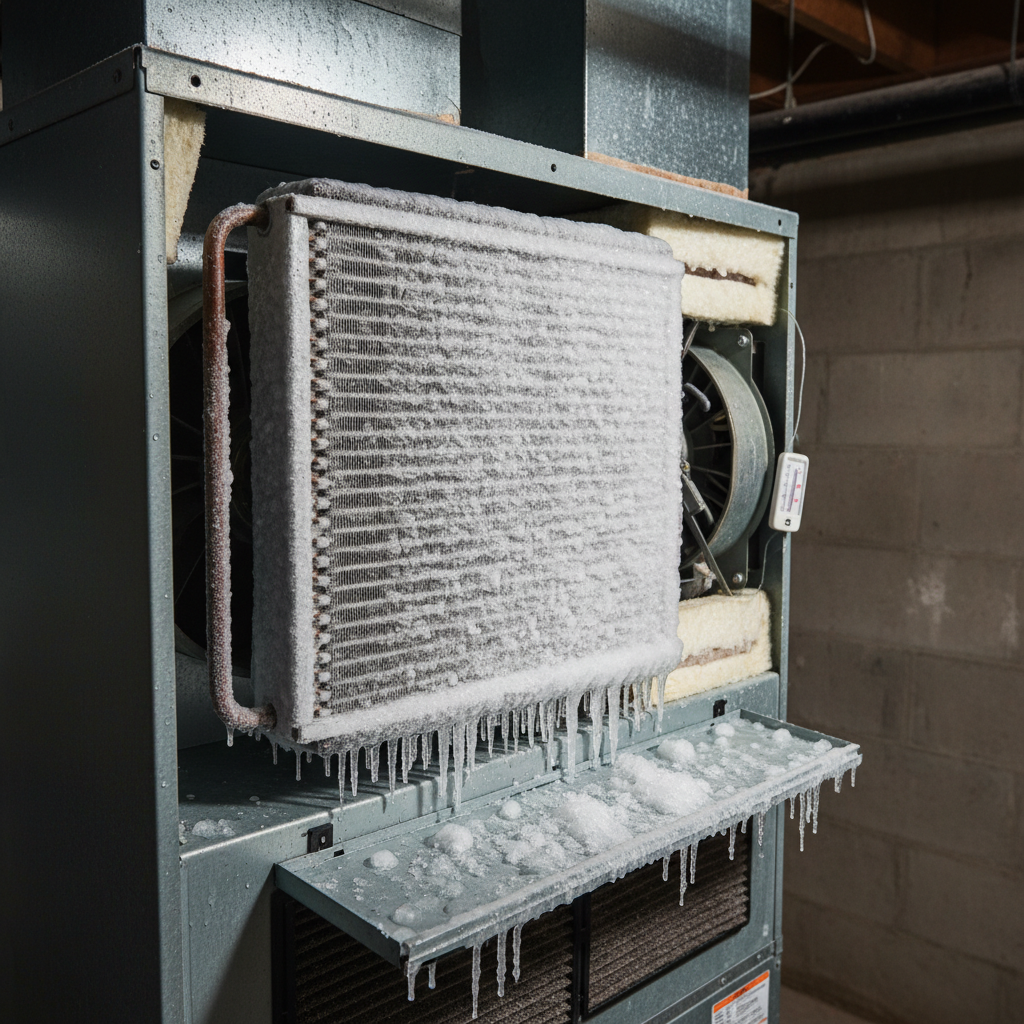 Frozen evaporator coil with ice buildup visible on HVAC indoor unit components
