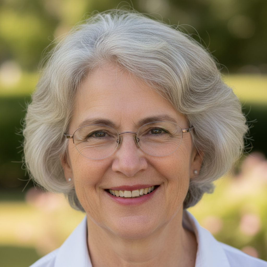 Portrait of Deborah Kim, a woman with short silver hair and reading glasses, warm smile, photographed outdoors