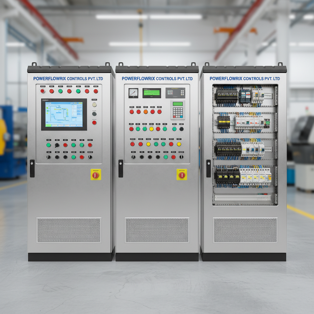Powerflowrix Controls Pvt Ltd product catalogue cover showing electrical control panels in a manufacturing facility