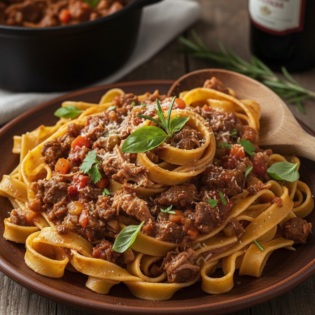 Fresh tagliatelle pasta with rich bolognese meat sauce and grated parmesan