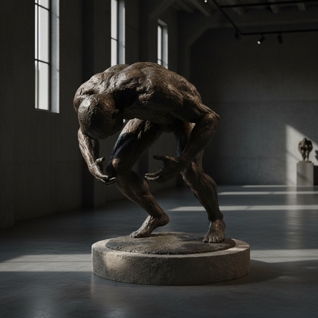 Dark bronze figurative sculpture of a stooped human form carrying invisible weight