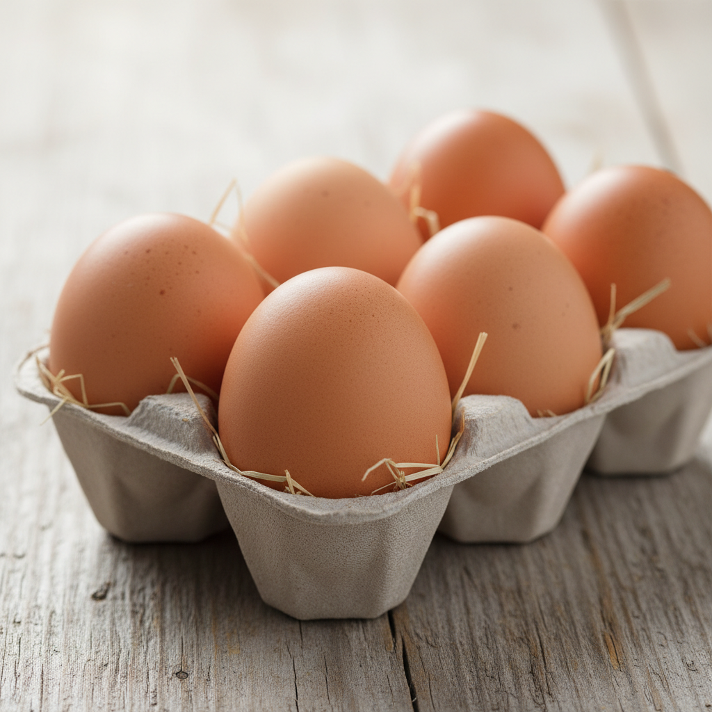 Fresh brown eggs collected in a wire basket on a bright farm, natural daylight, clean and wholesome