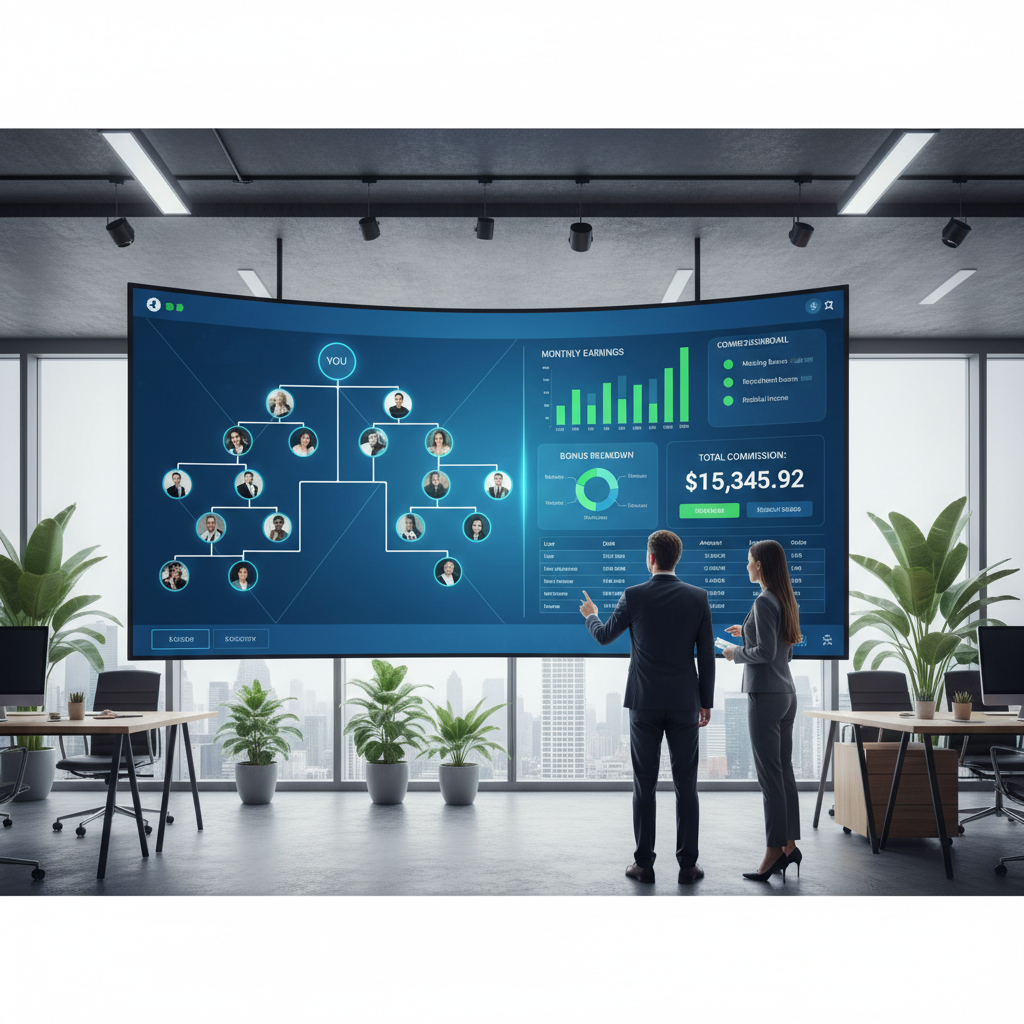 MLM network marketing platform showing genealogy tree and commission dashboard