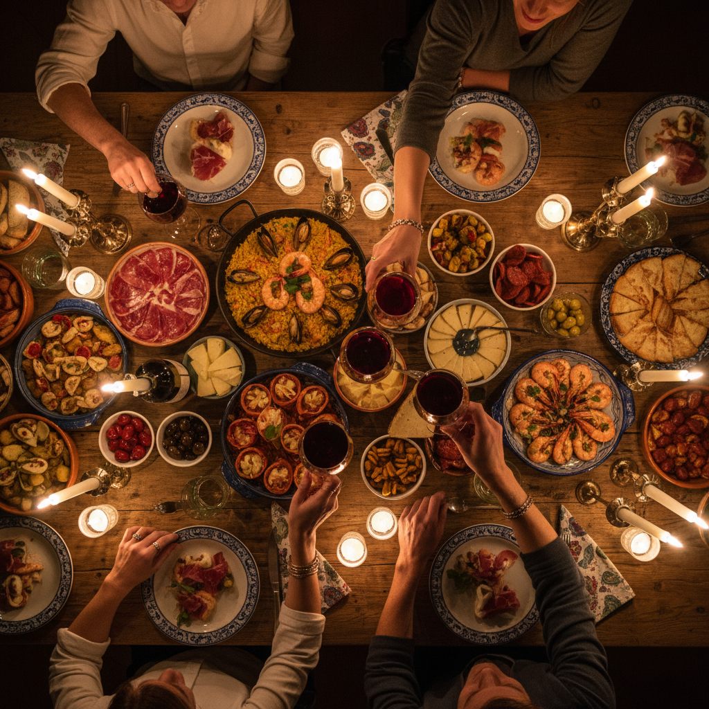 Overhead view of a Spanish feast spread across a long wooden table with wine glasses catching candlelight, ceramic dishes, and hands reaching for plates