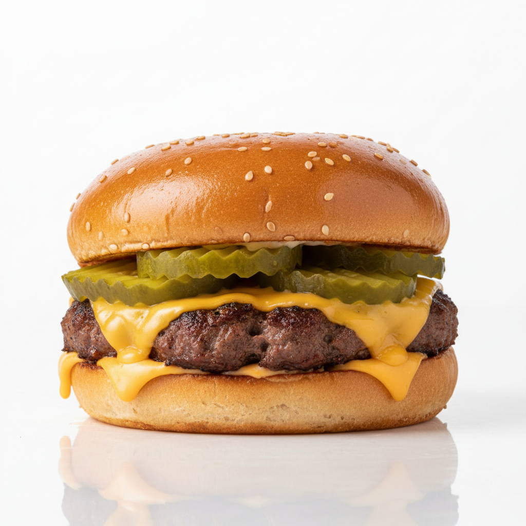 Classic smash burger with cheese and pickles on brioche bun, bright studio lighting