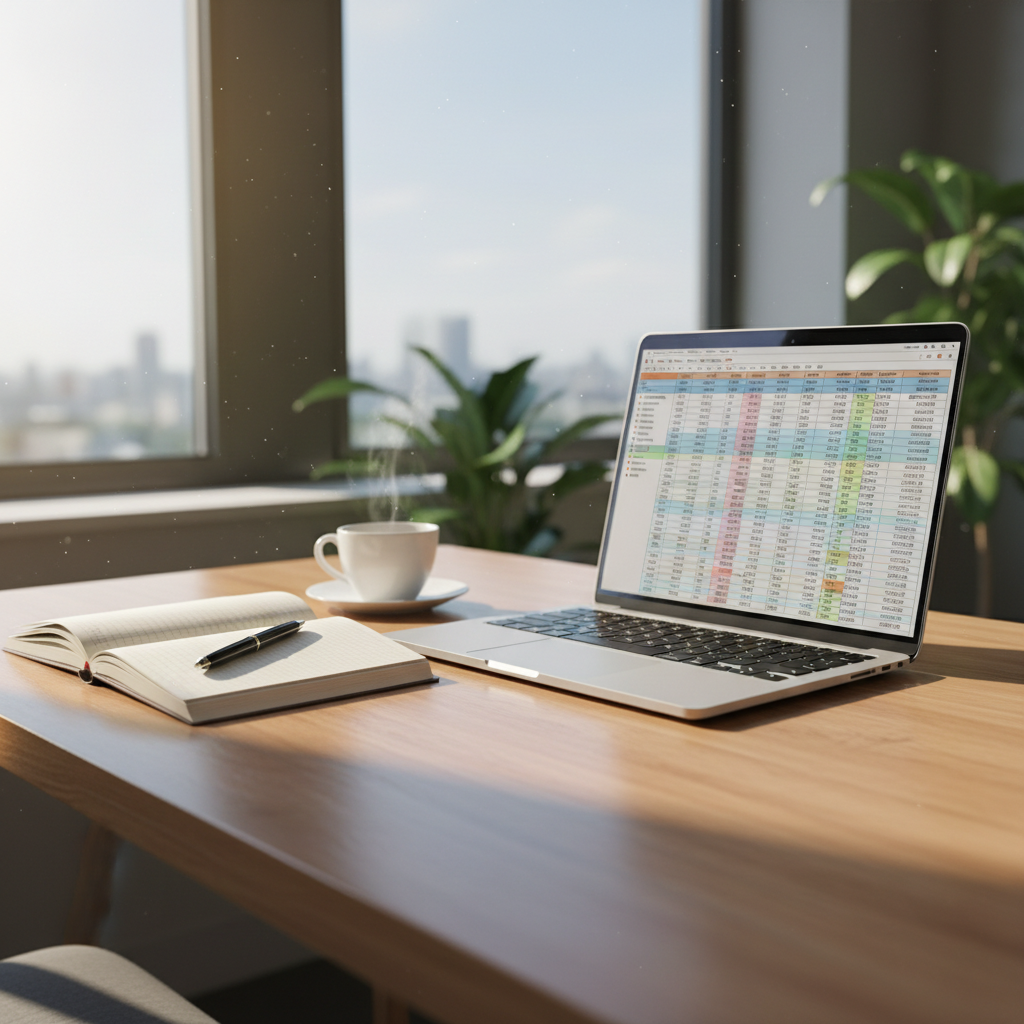 Clean bright office desk with open laptop showing spreadsheet, natural window light, organized workspace in airy room