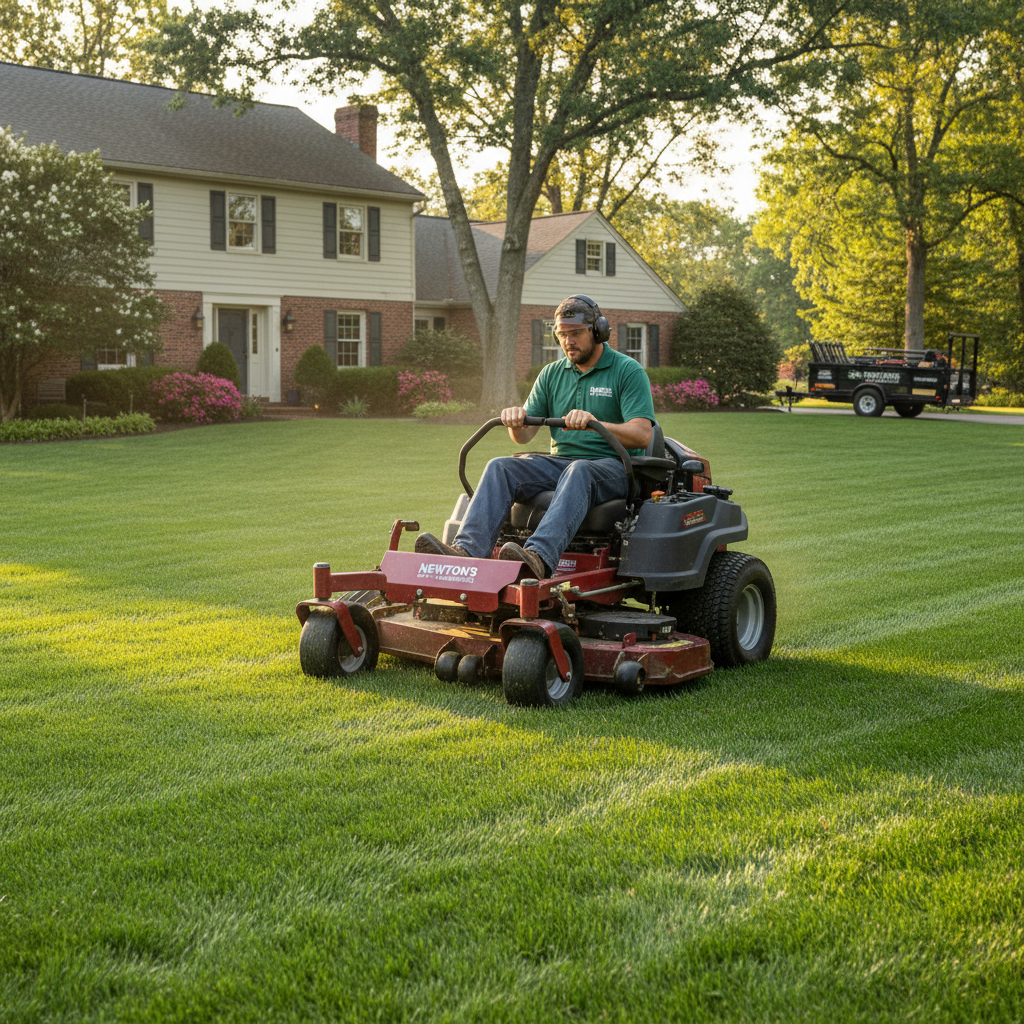 Landscaper using professional lawn mower on residential yard