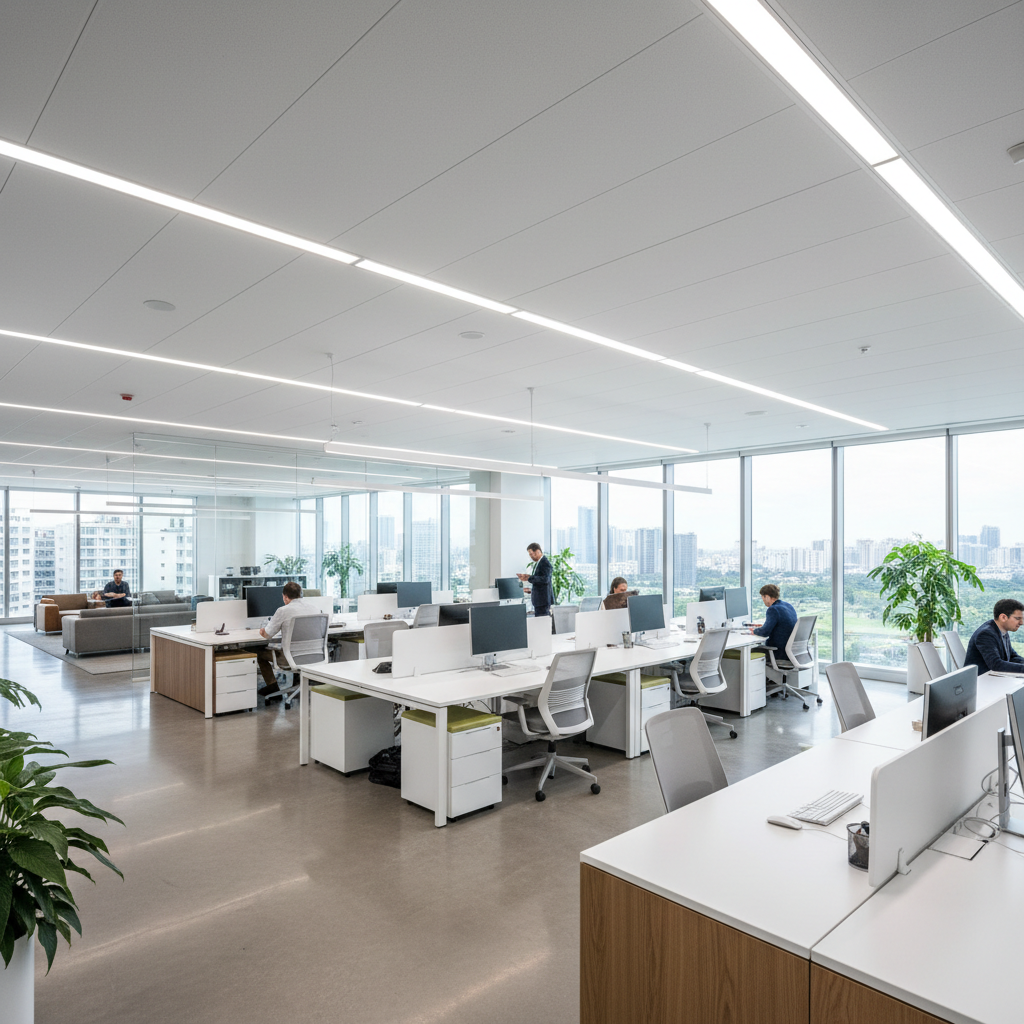 MetroMenkul ofisi, modern açık ofis düzeni, geniş pencereler, İstanbul Levent manzarası, profesyonel finans çalışanları