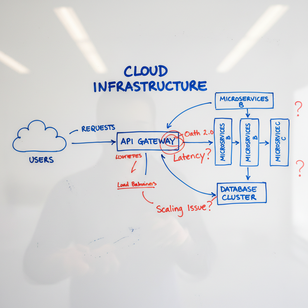 Close-up of architecture diagram with technical annotations on whiteboard