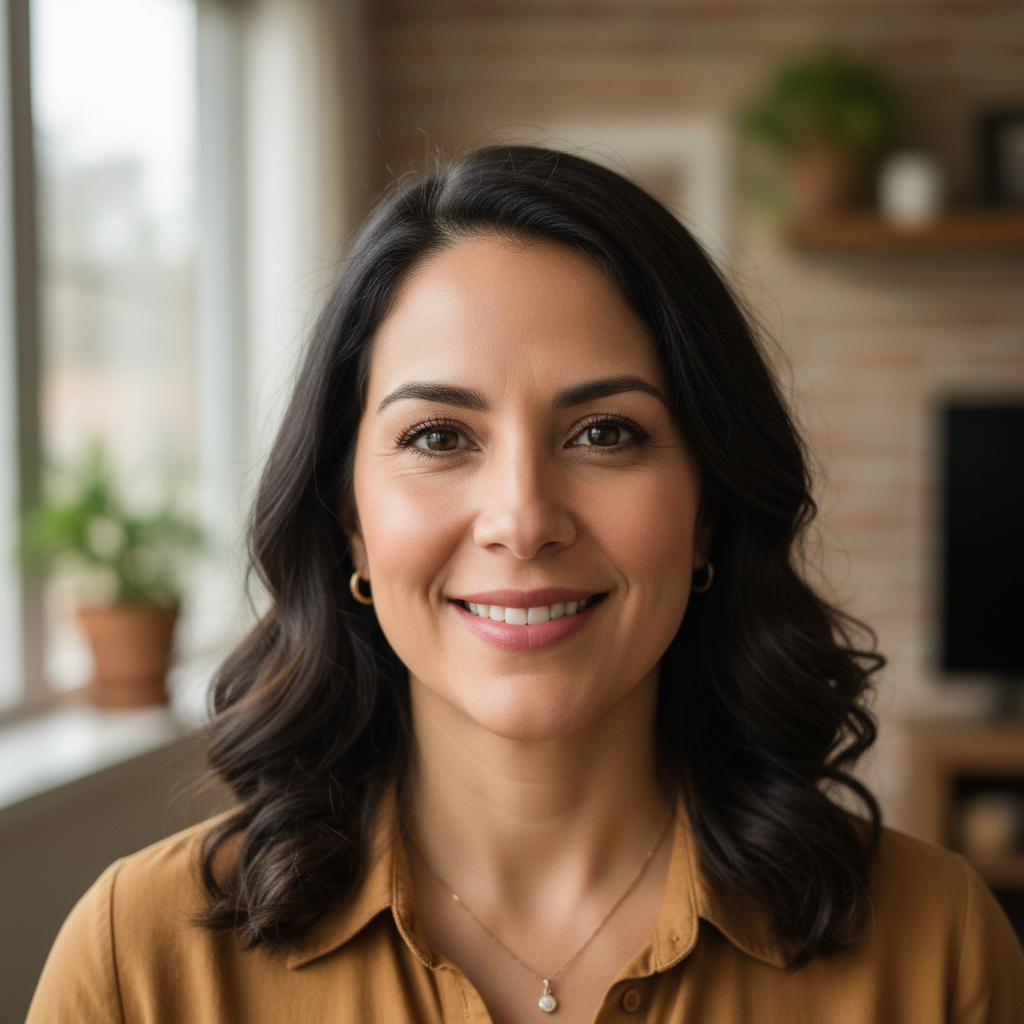 Cuban American woman smiling warmly, mid-thirties, professional photo
