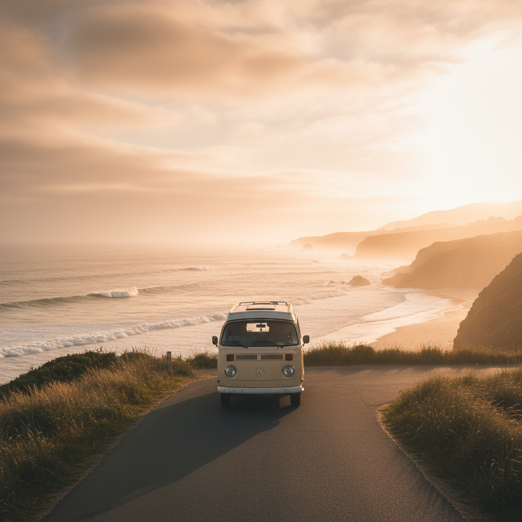 Van parked on a coastal road in Portugal at golden hour, warm light dissolving into ocean mist