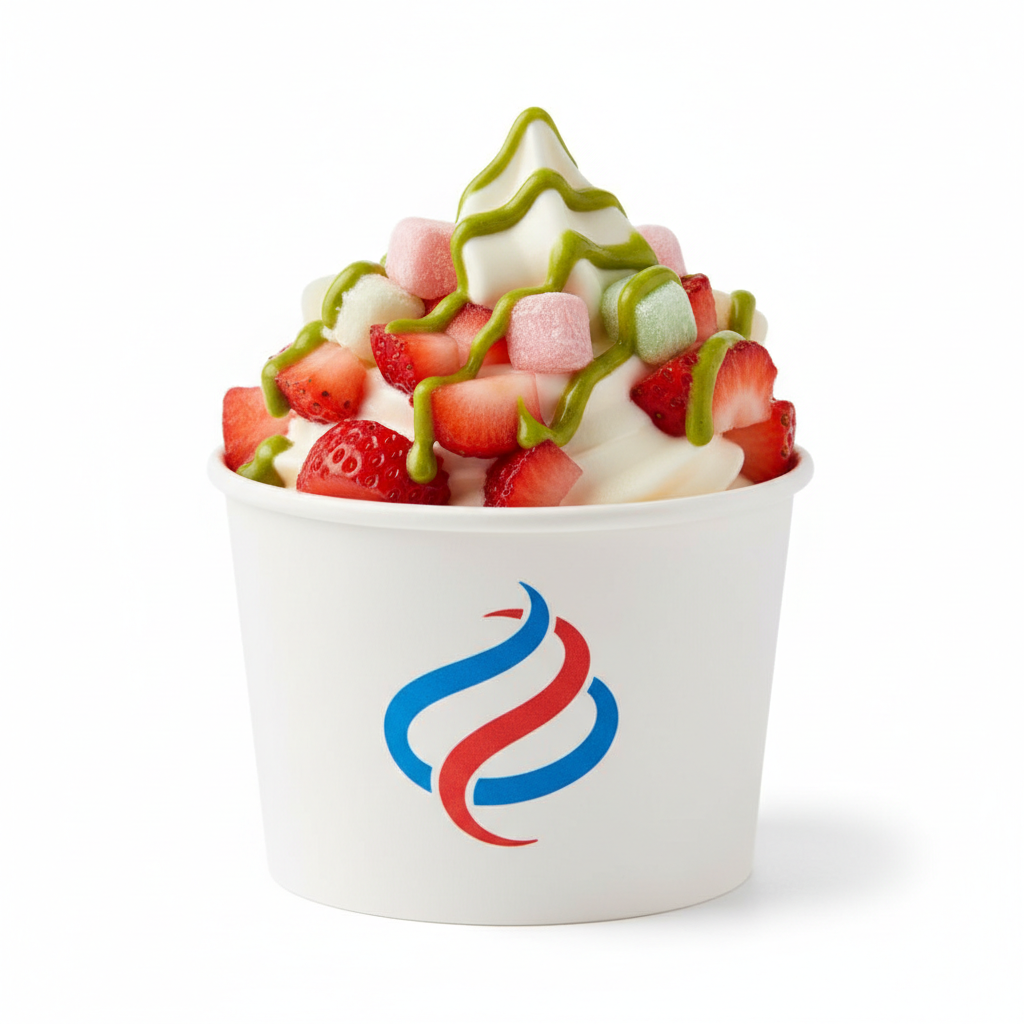 Classic froyo cup with strawberry and mochi pieces, green pistachio drizzle, clean white background