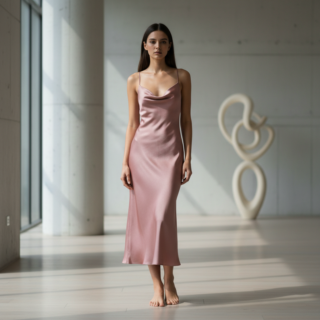Satin slip midi skirt in dusty rose, clean white background, fashion editorial