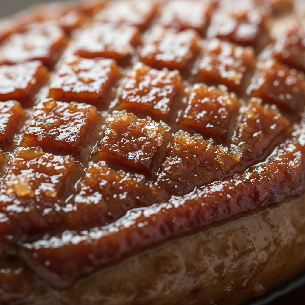 Macro detail of fish sauce caramel glaze on duck breast, golden amber with crystallized edges