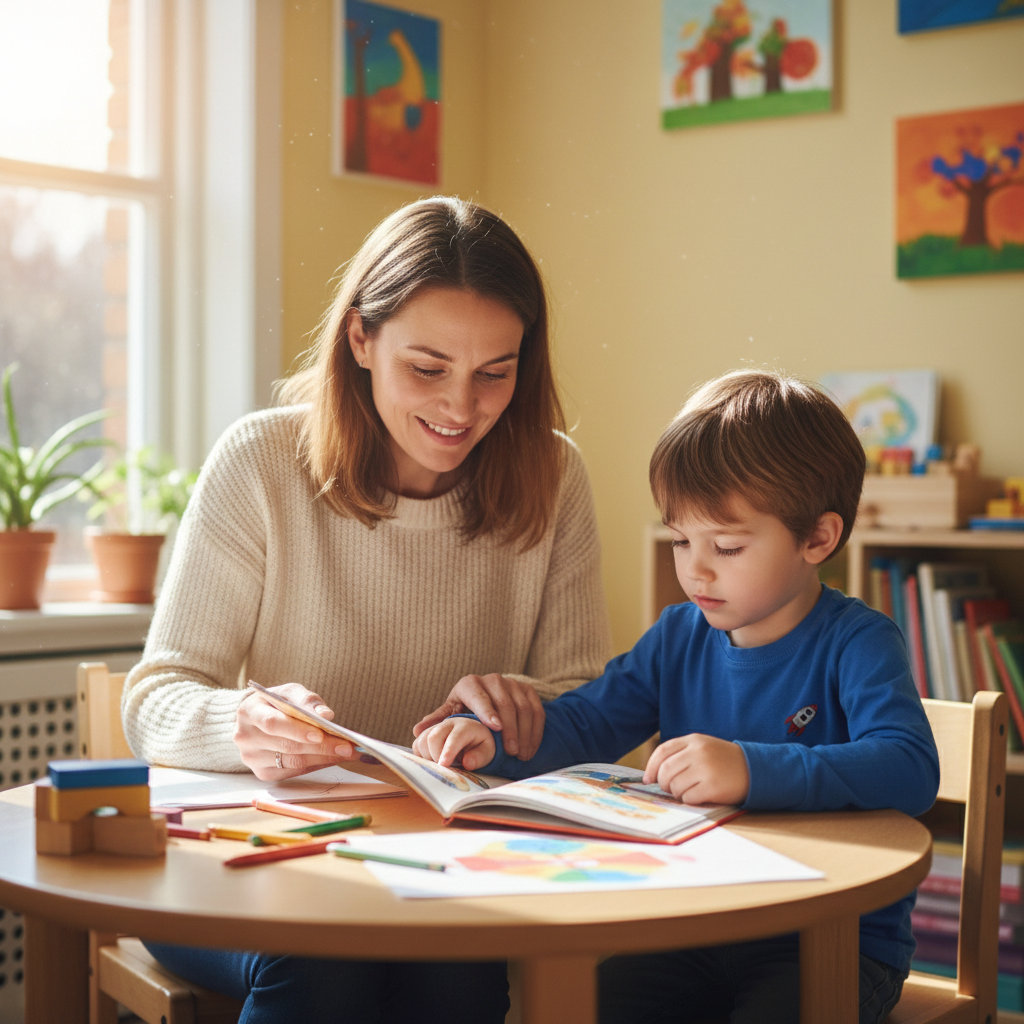 Warm, caring therapist working side by side with a young child at a bright wooden table — soft natural light, welcoming environment