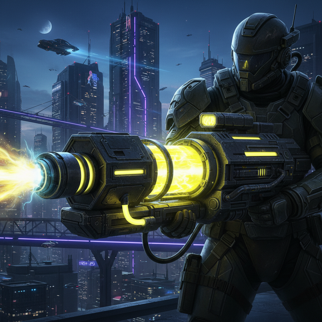 Purple glowing energy weapon prop with bright neon purple lighting in dark studio