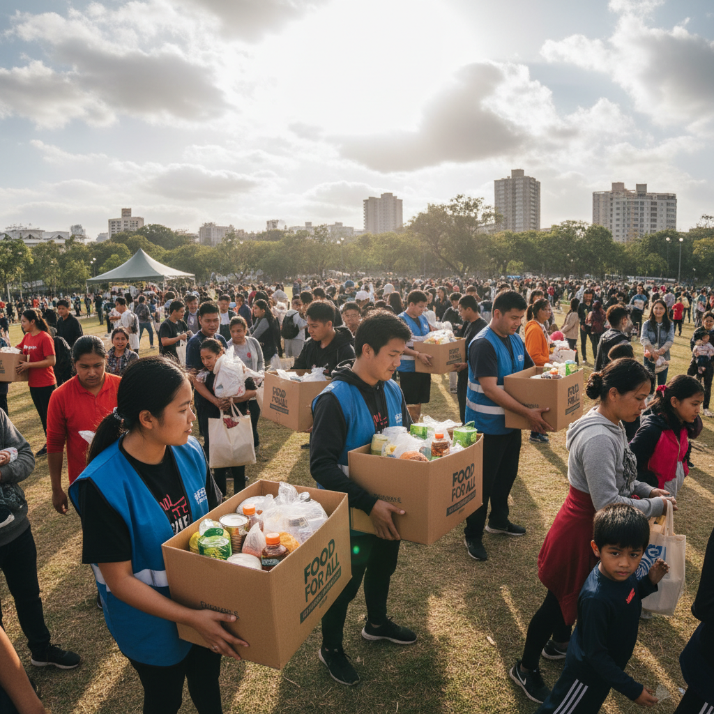 Volunteers handing out food packages to community members in an outdoor setting, warm and generous atmosphere, sunny day