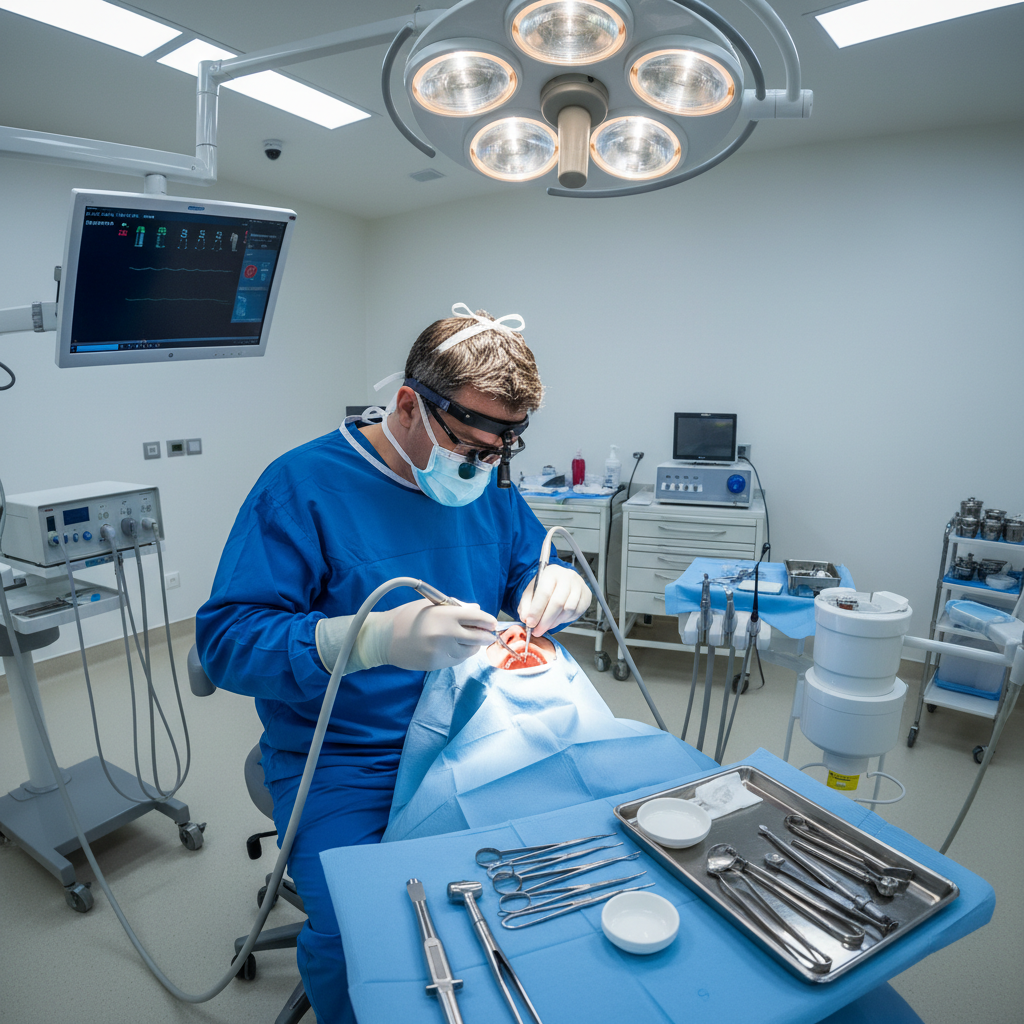 Oral surgery procedure in a modern dental clinic with professional surgical equipment
